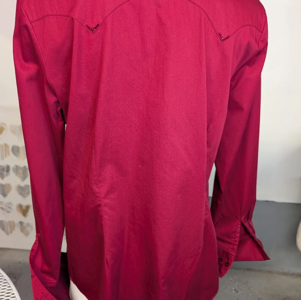 CR RANCHWEAR Long Sleeve Button-Up Shirt in Deep Berry With Tiny Crystal Sz L - Picture 3 of 11
